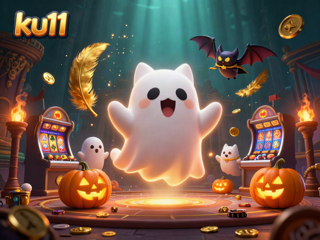 Spin the reels in ku11's spooky casino with a friendly ghost cat and a bat companion.