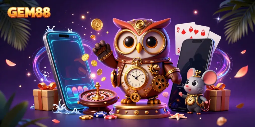 Experience GEM88 with vibrant 3D casino elements, featuring a time-traveling owl and dynamic slot games.
