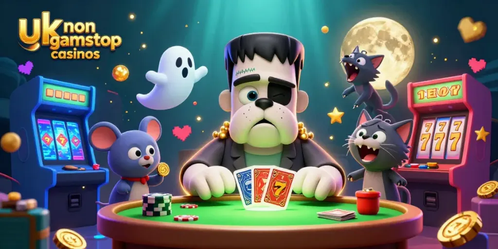 Engage with the vibrant world of uk non gamstop casinos featuring a Frankenstein bulldog and a ghost mouse.