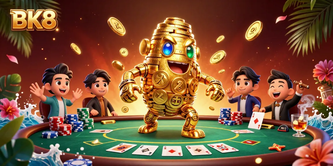 Unleash fun with BK8 at a vibrant casino scene featuring a golden golem surrounded by poker elements and decorative details.