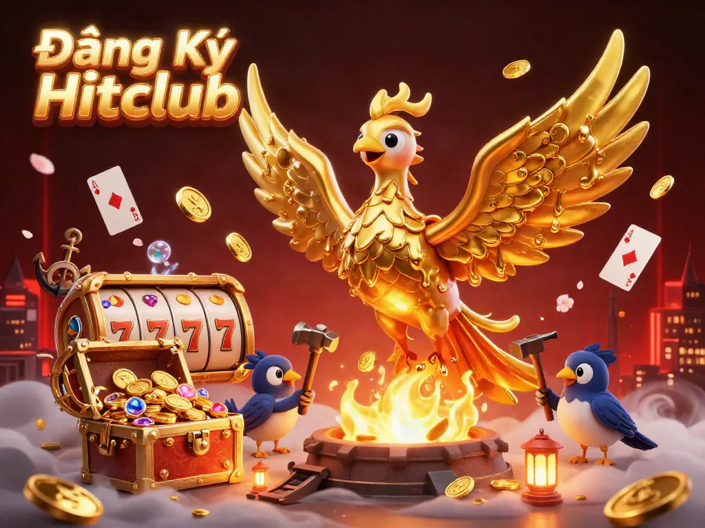 Engage with Đăng Ký Hitclub through this dynamic 3D illustration of a molten golden phoenix amid a casino scene.
