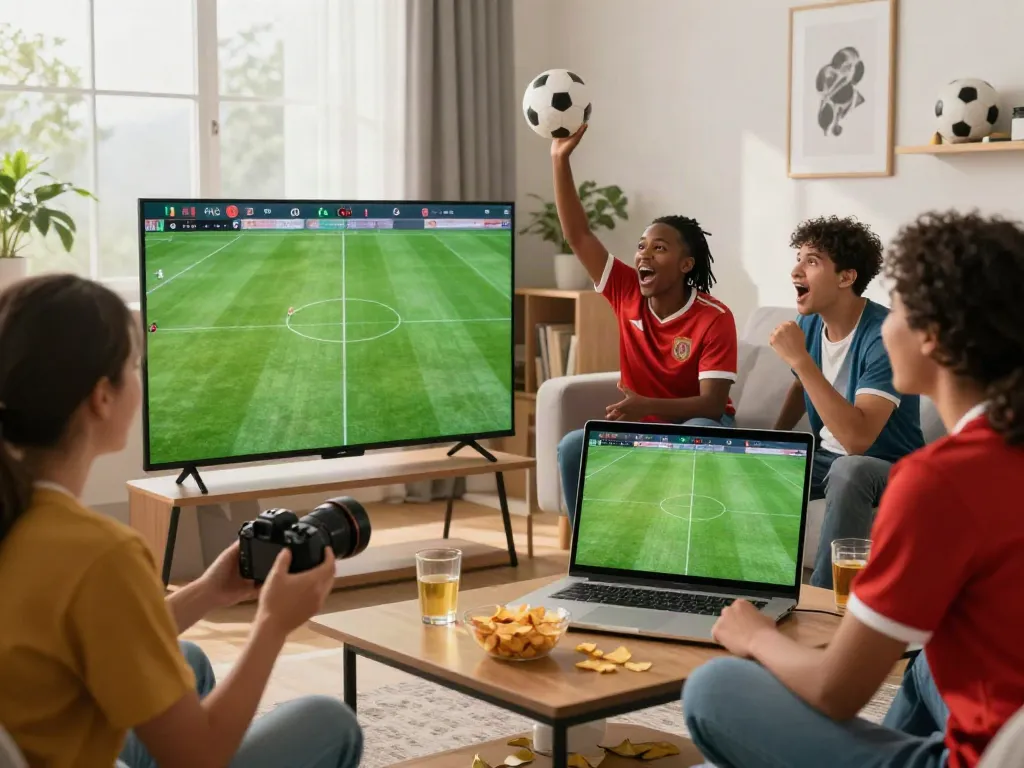 Socolive friends enjoying a live soccer match together in a modern living room, showcasing the excitement of online sports streaming.