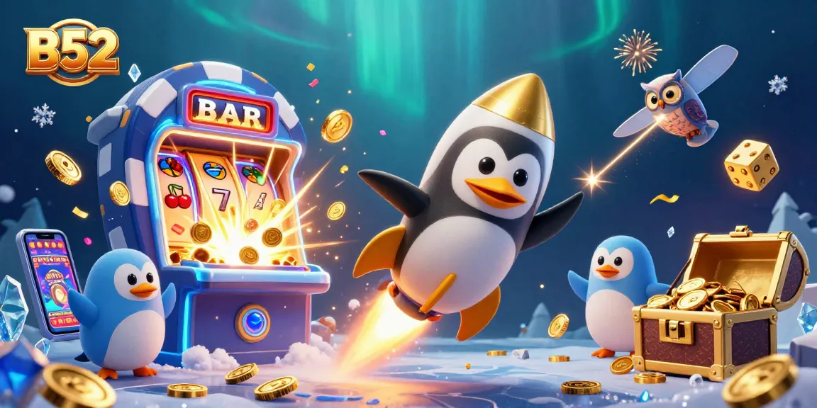 B52 showcases a thrilling golden penguin blasting through space, capturing the excitement of casino gameplay with slots and jackpots.