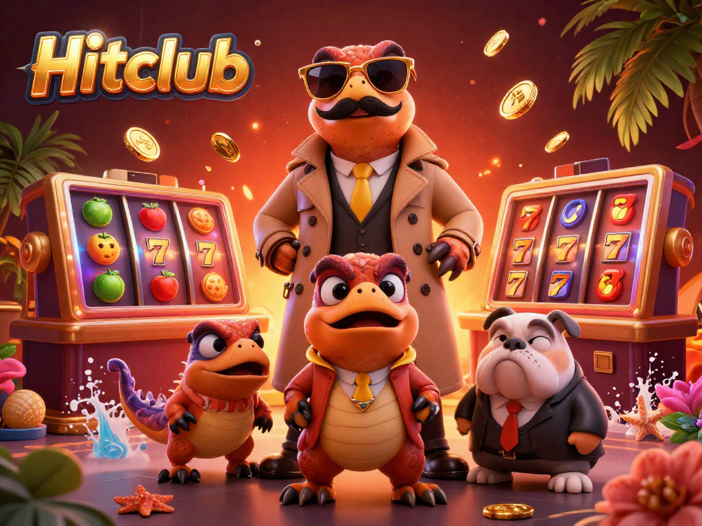 Hitclub showcases three raptors disguised attempting to enter a casino, surrounded by vibrant slot reels and golden coins.
