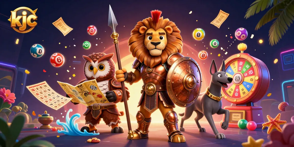 Win prizes with kjc in an exciting casino scene featuring a Spartan lion and colorful lottery elements.