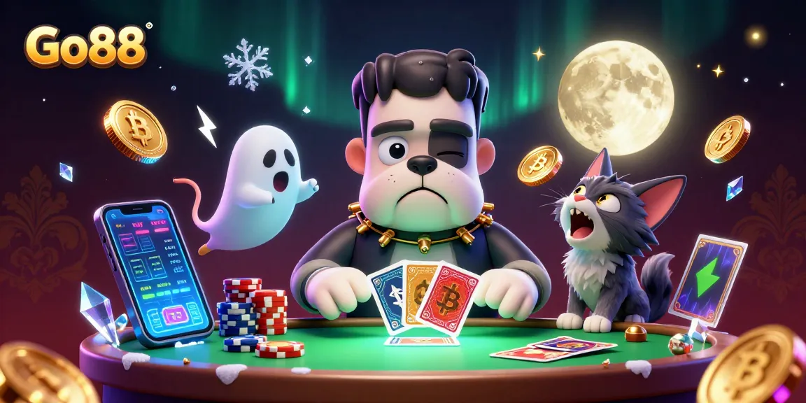 Go88 offers thrilling gaming with a cartoon bulldog monster and ghostly mouse at the table.