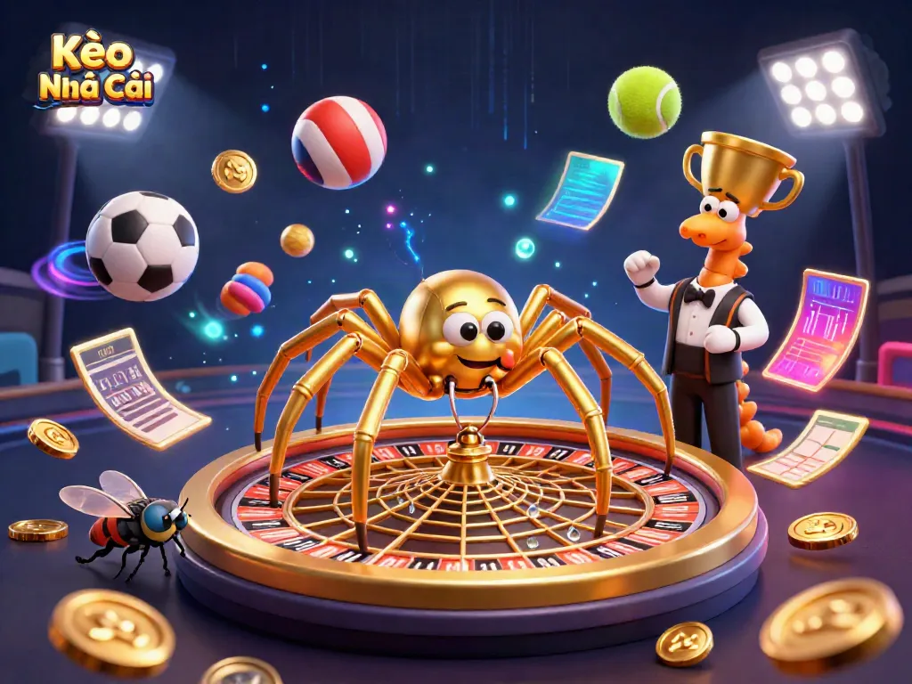 Experience Kèo Nhà Cái with a vibrant 3D casino scene showcasing dynamic sports betting elements.