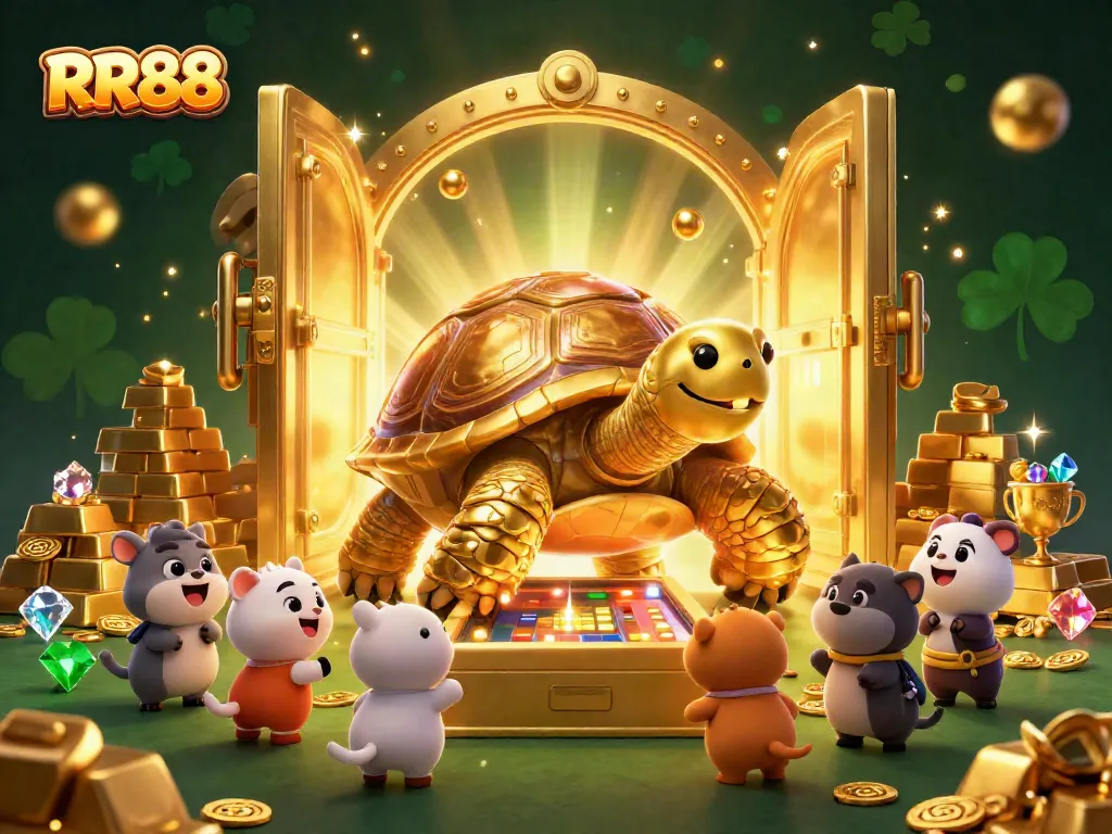 Play exciting games at RR88 with a vibrant illustration of a golden tortoise pinball machine amidst treasure.