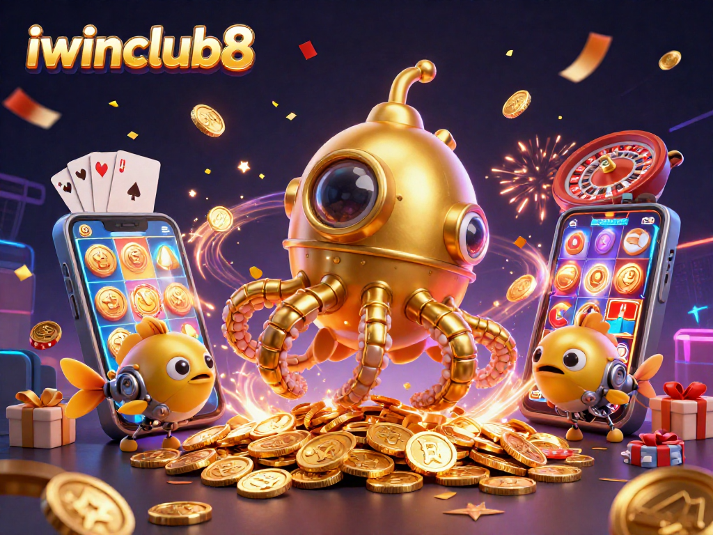Win big with iwinclub8 as cartoon kraken submarine explores golden coins and dynamic slot games!