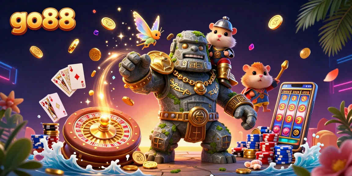 Engage with go88's vibrant casino adventures featuring a mystical golem and magical fairy.
