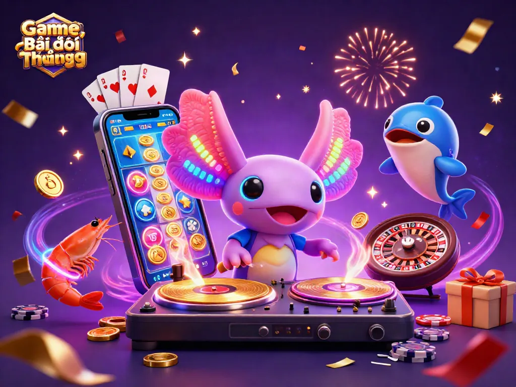 Game Bài Đổi Thưởng scene featuring a vibrant DJ axolotl and themed game elements in a lively casino environment