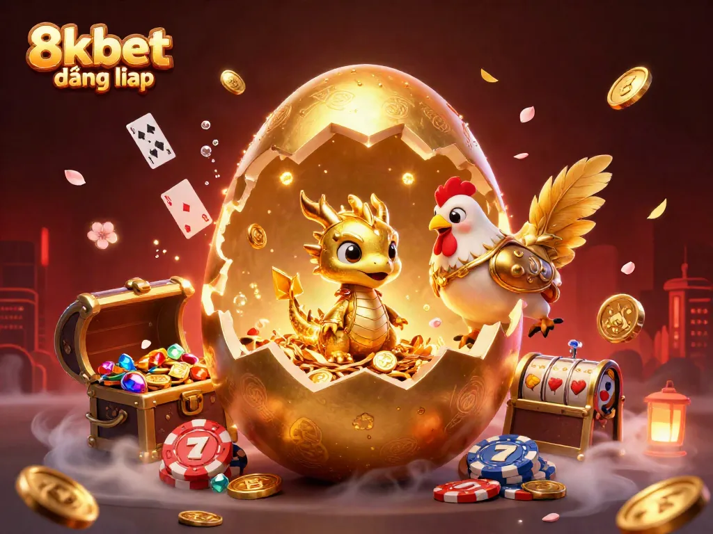 Join the excitement of 8kbet đăng nhập with a golden dragon amid poker chips and vibrant gambling elements.