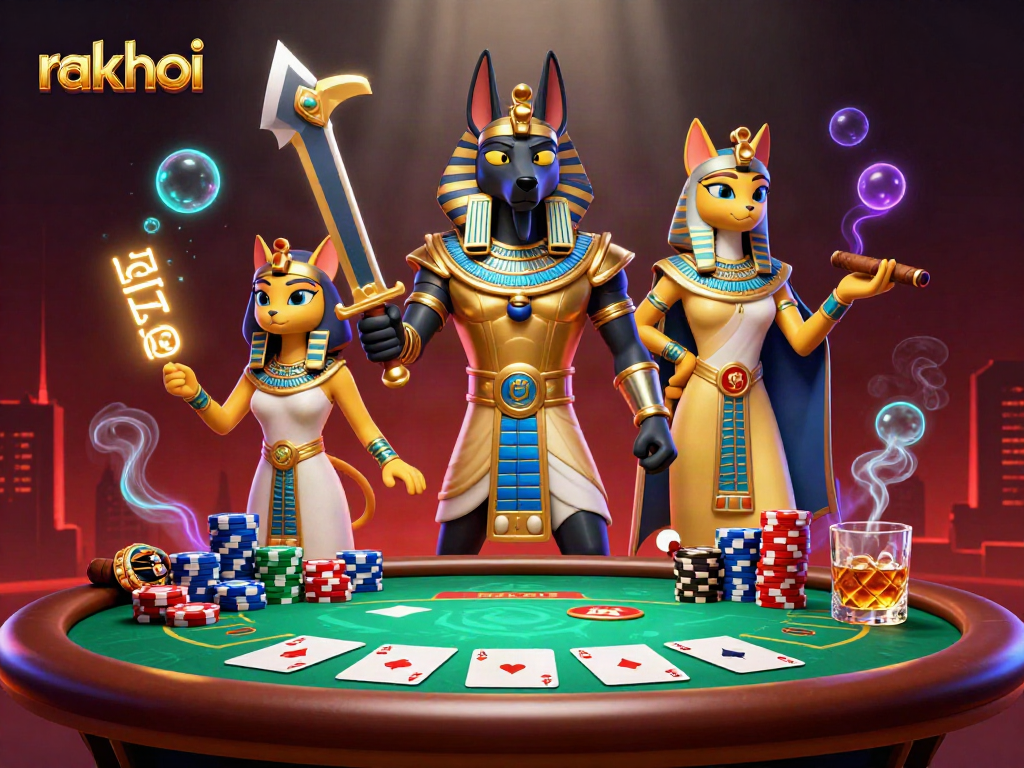 Engage with the vibrant rakhoi poker scene featuring Anubis and Bastet amidst dynamic game elements.