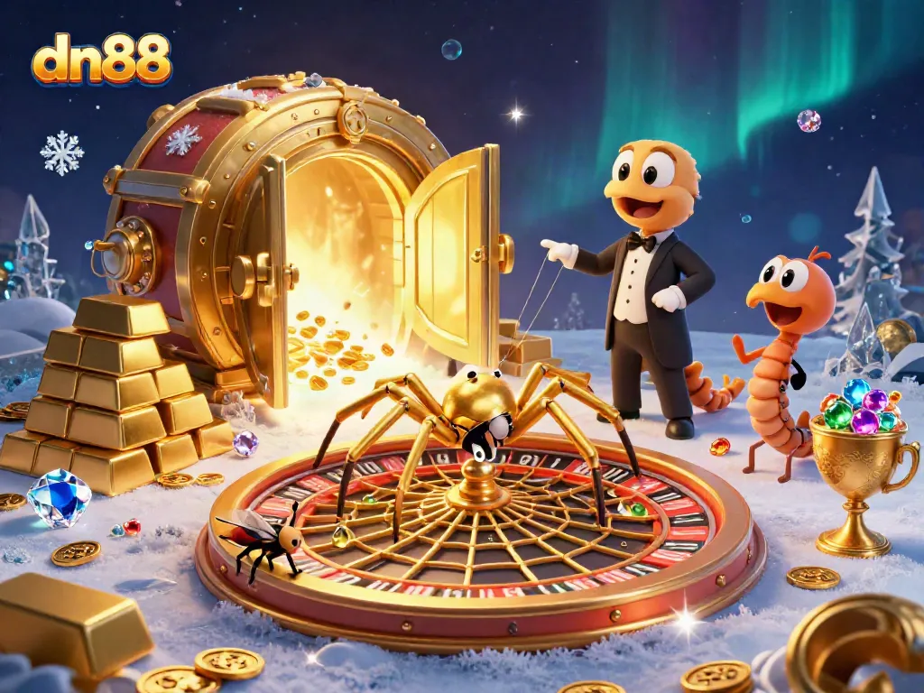 Experience exciting gameplay at dn88 with a golden spider and croupier at a vibrant casino scene.
