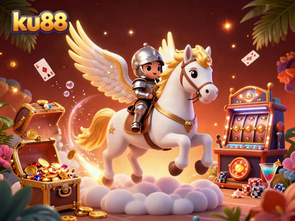 Engage with ku88's vibrant casino scene featuring a knight and celestial horse amid riches and games.
