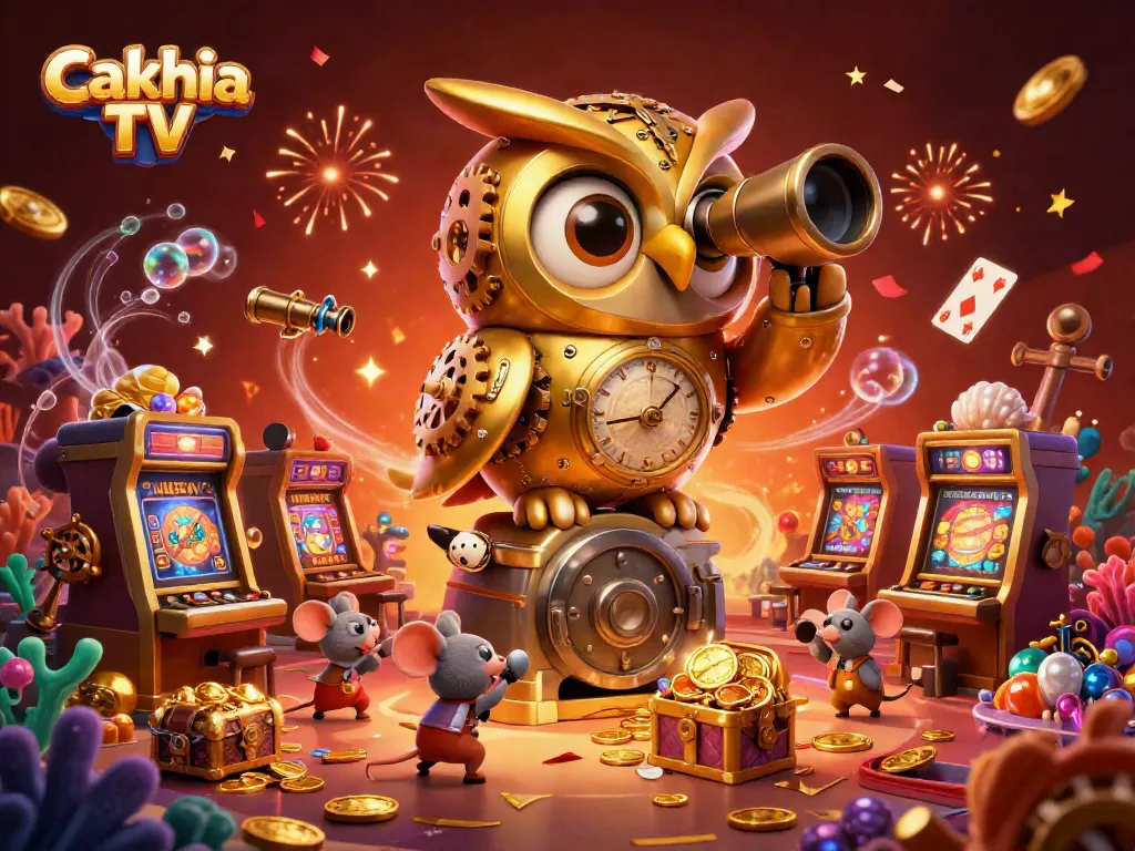 Cakhia TV showcases an enchanting scene with a massive golden owl scanning a vibrant casino filled with animated characters.
