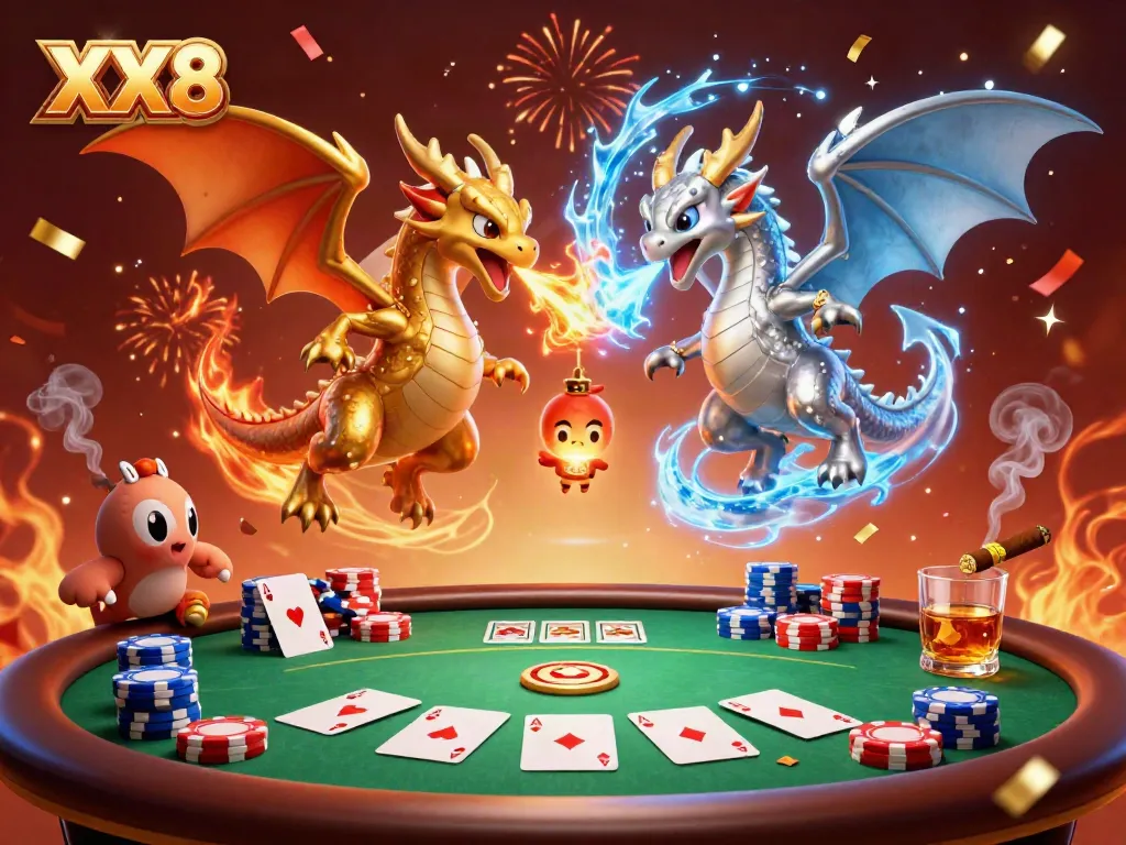 Experience the thrilling YY8 poker scene featuring powerful dragons and vibrant casino elements.