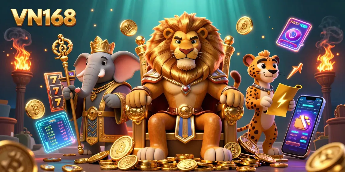Engage with VN168 as the fierce lion king rules the casino throne, surrounded by vibrant game elements.
