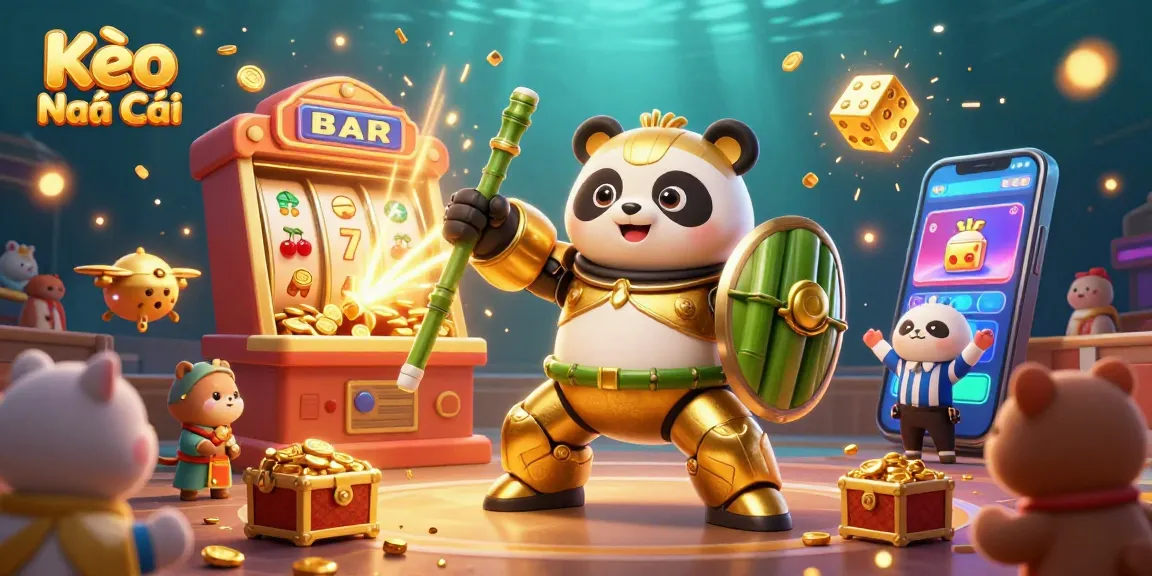 Kèo Nhà Cái showcases an excited scene with a golden panda in combat as a slot machine erupts with coins.
