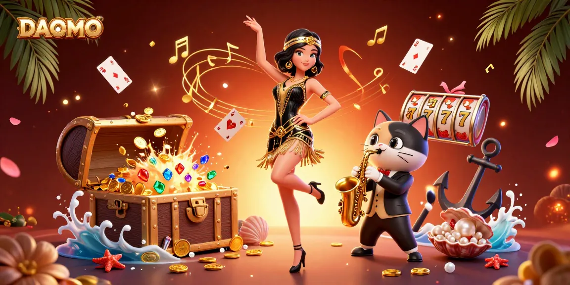 Play thrilling casino games at DAOMO, featuring a dancing character amidst vibrant slot reels and gold coins.