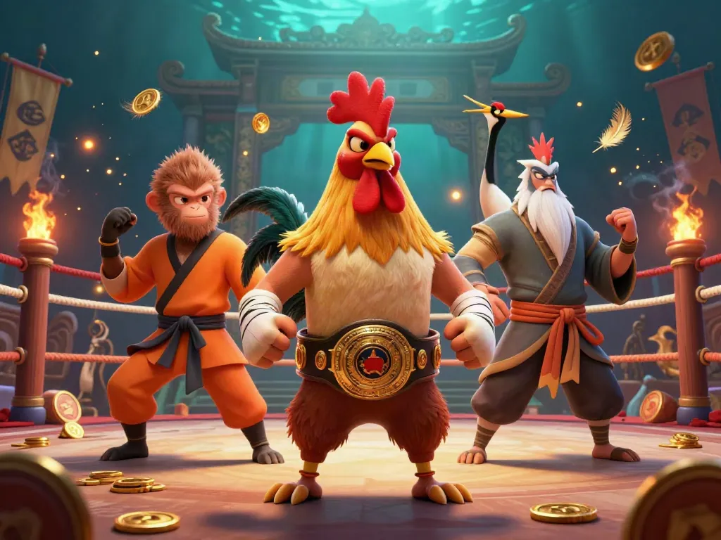 RR88 Đăng Nhập presents a fierce Muay Thai rooster, a Shaolin monkey, and a wise crane in a captivating casino scene.