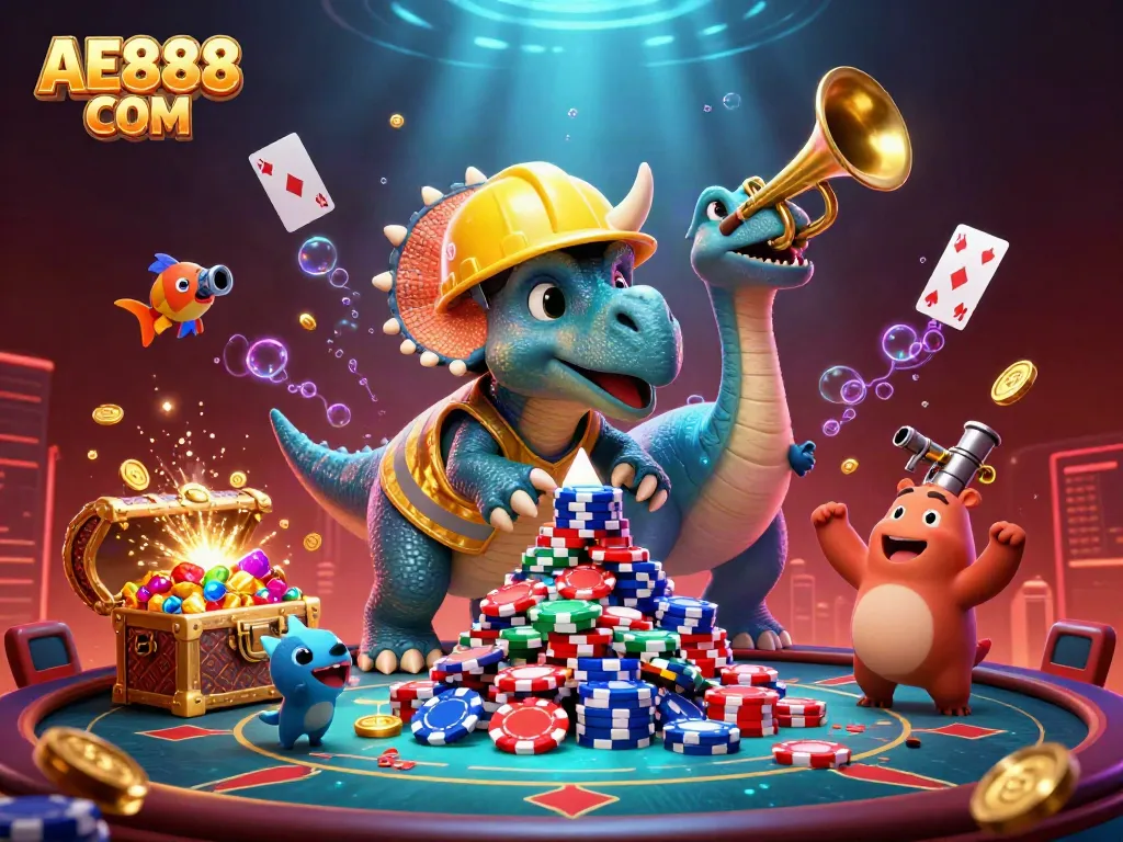 Join the fun at AE888 COM with a triceratops building poker chips amidst vibrant casino elements.