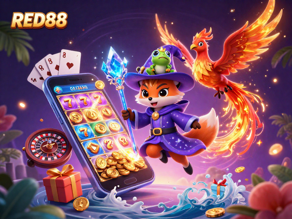 Engage with RED88's vibrant casino adventure in a mystical scene with a wizard and a phoenix.