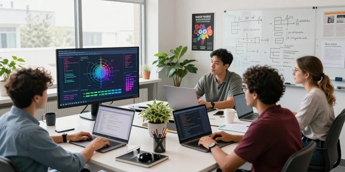 Developers collaborating on generative AI projects in a vibrant tech workspace, showcasing creativity and teamwork.