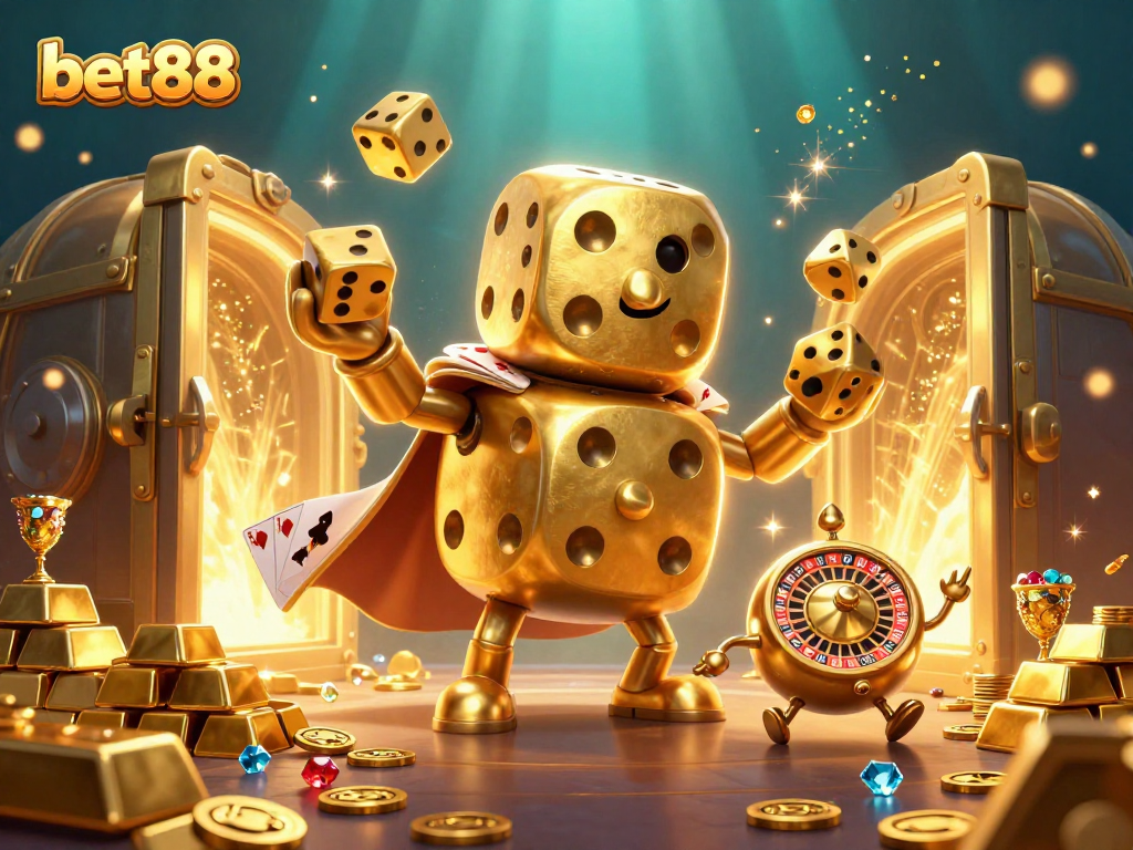Engage with bet88’s exciting casino experience surrounded by gold treasures and vibrant gaming elements.