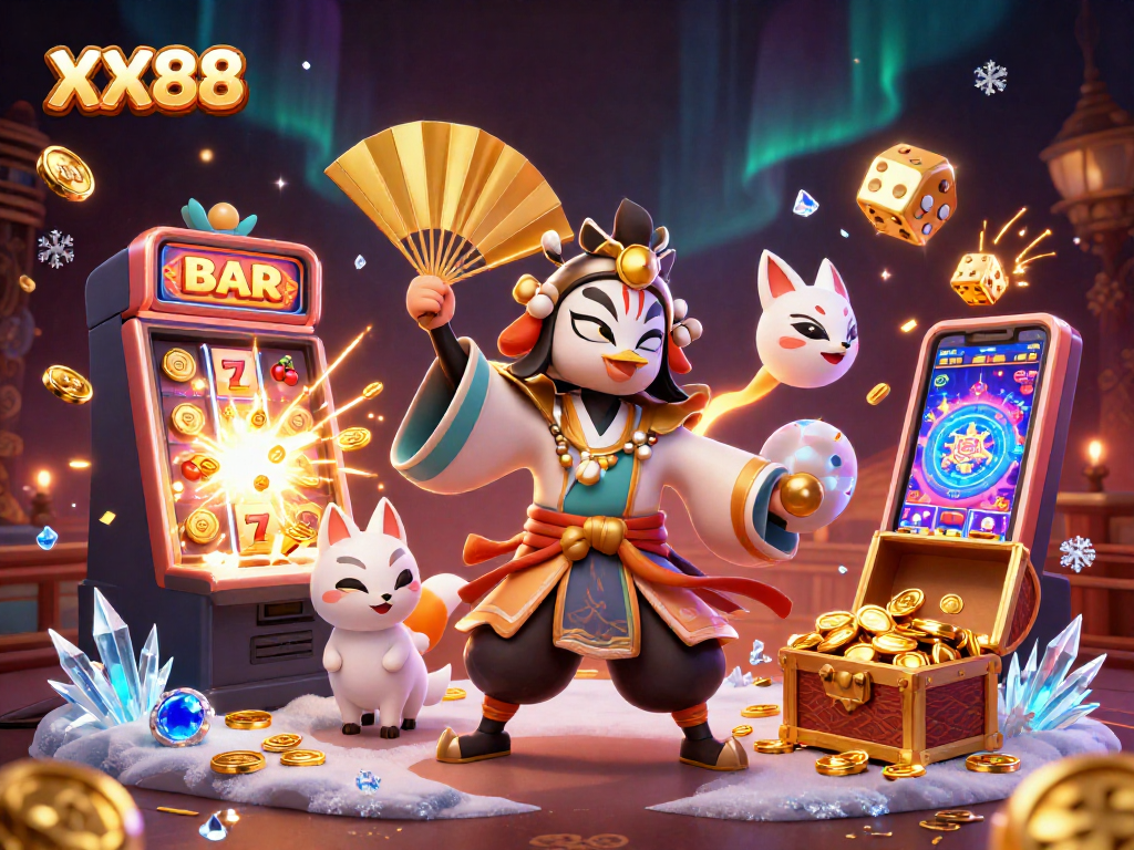 Experience casino excitement with XX88 as kabuki warriors interact amid vibrant slot machine action.