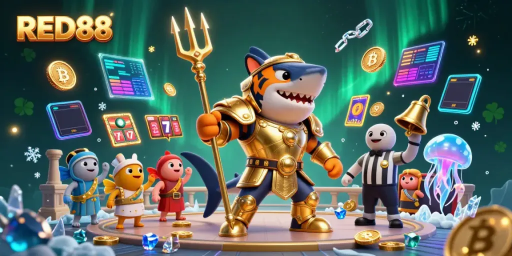 Engage with the dynamic RED88 underwater casino illustration showcasing gaming excitement and prize elements.