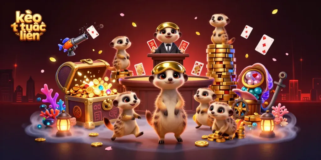 Kèo trực tuyến immersive scene depicting meerkats running a vibrant casino operation with dynamic gambling elements