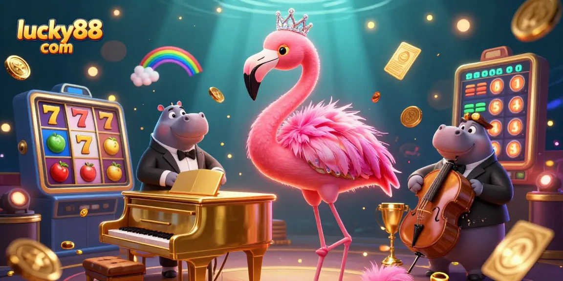 Experience thrills at lucky88 com with vibrant casino atmosphere featuring flamingo singer and slot reels.