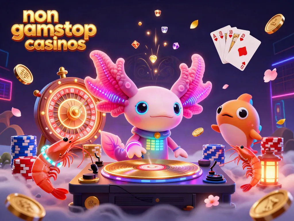 Experience non gamstop casinos with a lively 3D scene of a DJ axolotl amidst vibrant casino elements.