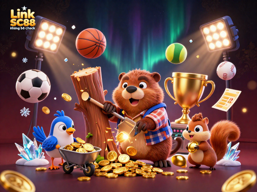 Experience the thrill of gaming with Link SC88 không bị chặn, featuring a lively beaver and sports elements.