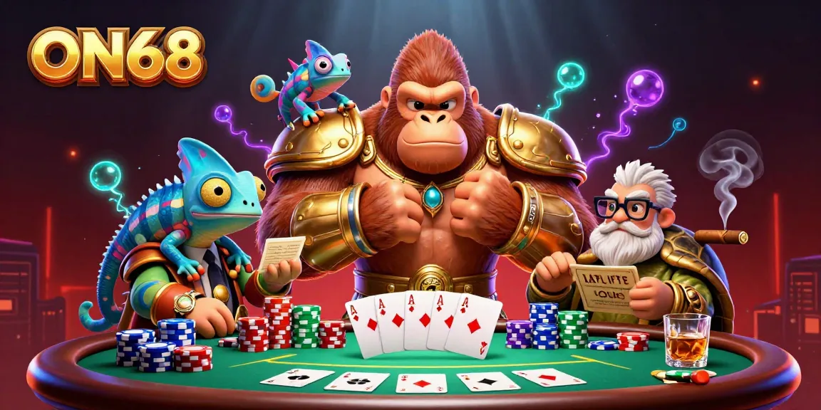 Engage in thrilling gameplay at ON68, featuring a dynamic cartoon scene with a powerful gorilla king, colorful chameleon, and wise tortoise.