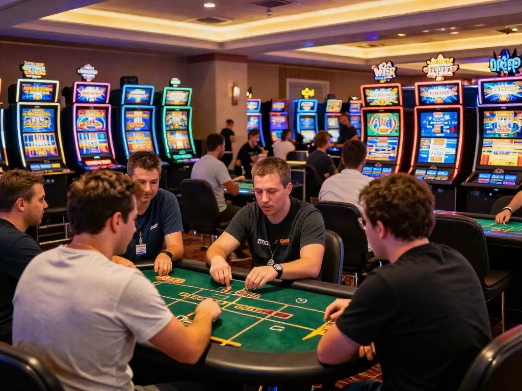 Exciting gaming scene at 9bet.com with players enjoying casino tables and colorful slot machines.