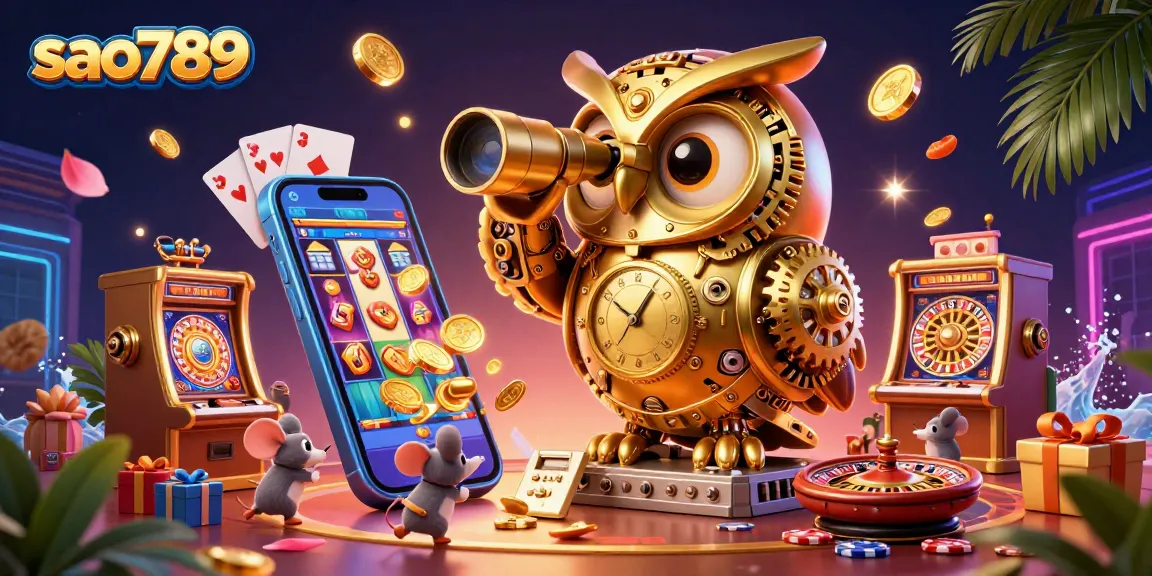 Sao789 combines exciting casino elements with golden owl and wind-up mouse patrons enjoying vibrant slot machines.