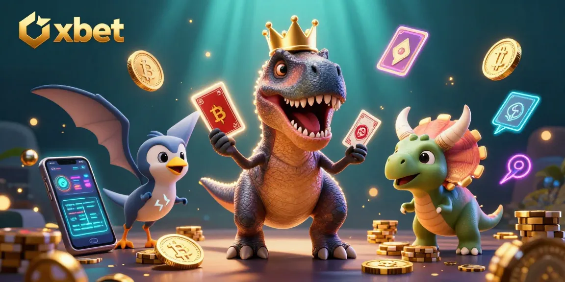 Join the fun with Oxbet as a T-Rex shuffles cards while stacking golden chips and enjoying crypto elements!