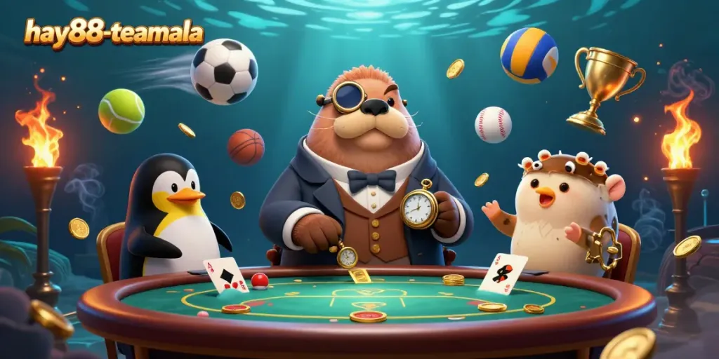 Experience thrilling underwater gaming with hay88-teamala, featuring a poker table scene with a walrus and pufferfish players.