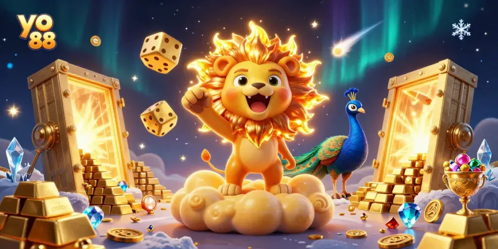 Engage with the vibrant world of yo 88 featuring a lion, golden dice, and treasures illuminating the scene.