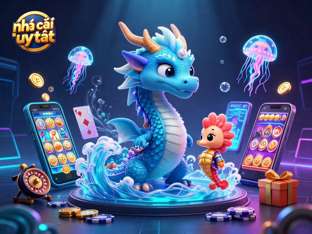 Engage with nhà cái uy tín showcasing a casino scene with a water dragon, seahorse knight, and slot game elements.