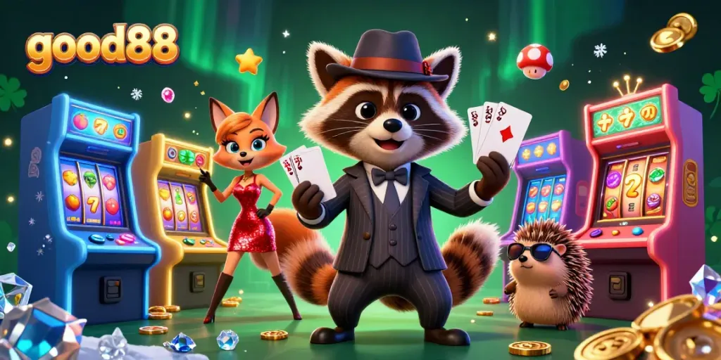 Experience vibrant gameplay at good88 with a raccoon holding a royal flush amidst slot machines and casino excitement.