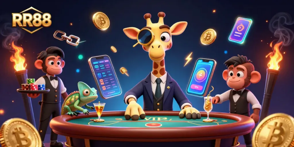 Experience thrilling wins at RR88 with a vibrant casino scene featuring colorful characters and dynamic game elements.