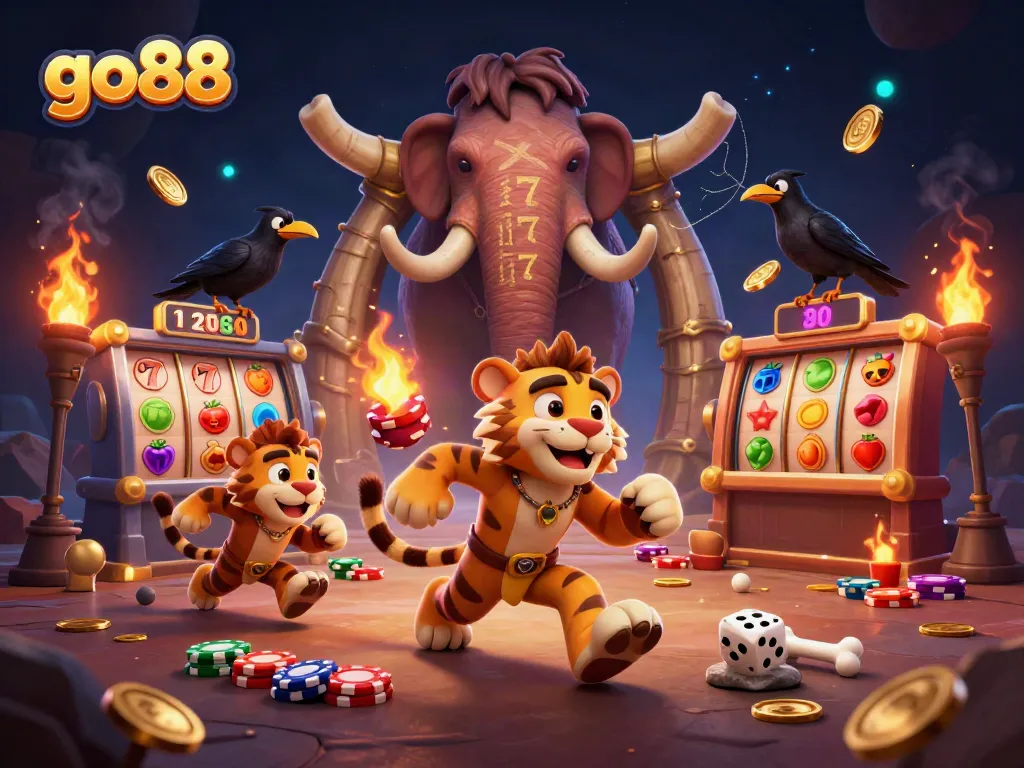 Engage with go88's vibrant slot gaming scene featuring caveman and tiger duo at a prehistoric casino.
