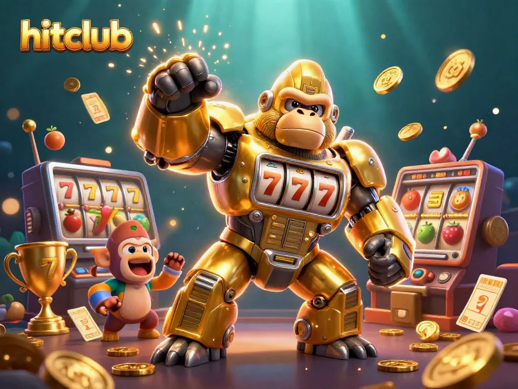 Experience thrilling gaming action at hitclub with a golden gorilla mech and dynamic slot elements.