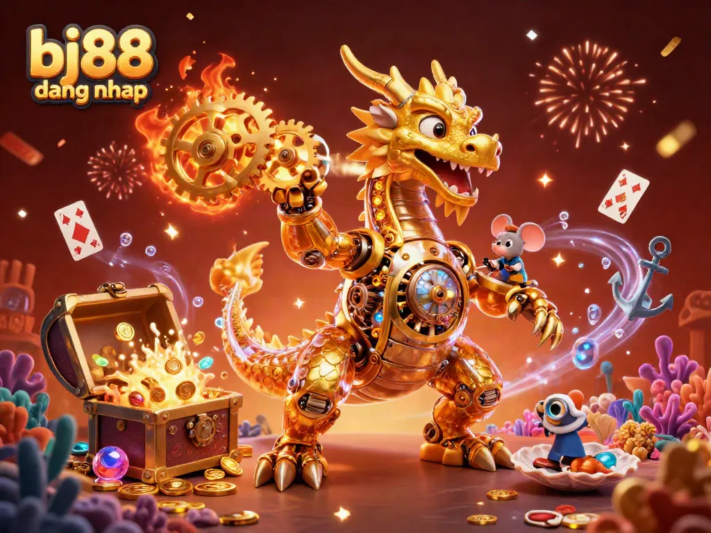 Engage in thrilling gaming adventures with bj88 dang nhap featuring a golden dragon, casino elements, and animated treasures.