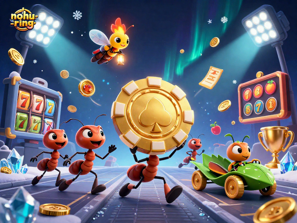 Experience thrilling wins at nohu-ring with cartoon ants in a vibrant 3D heist scene, showcasing jackpot excitement.
