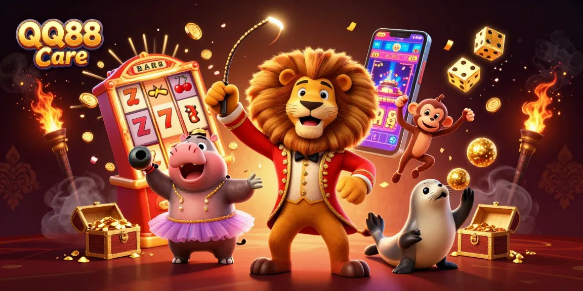 Experience the thrill of QQ88 Care with a lively circus-themed casino scene filled with games and excitement!