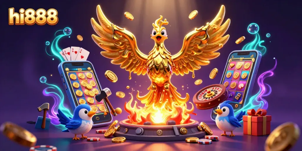 Experience thrilling gaming moments with hi888's golden phoenix and vibrant casino elements.